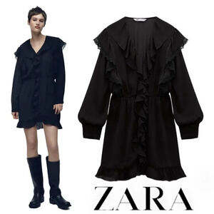ZARA Black Lace Appliqué Ruffle Mini Dress S M XL NWT 2035/925